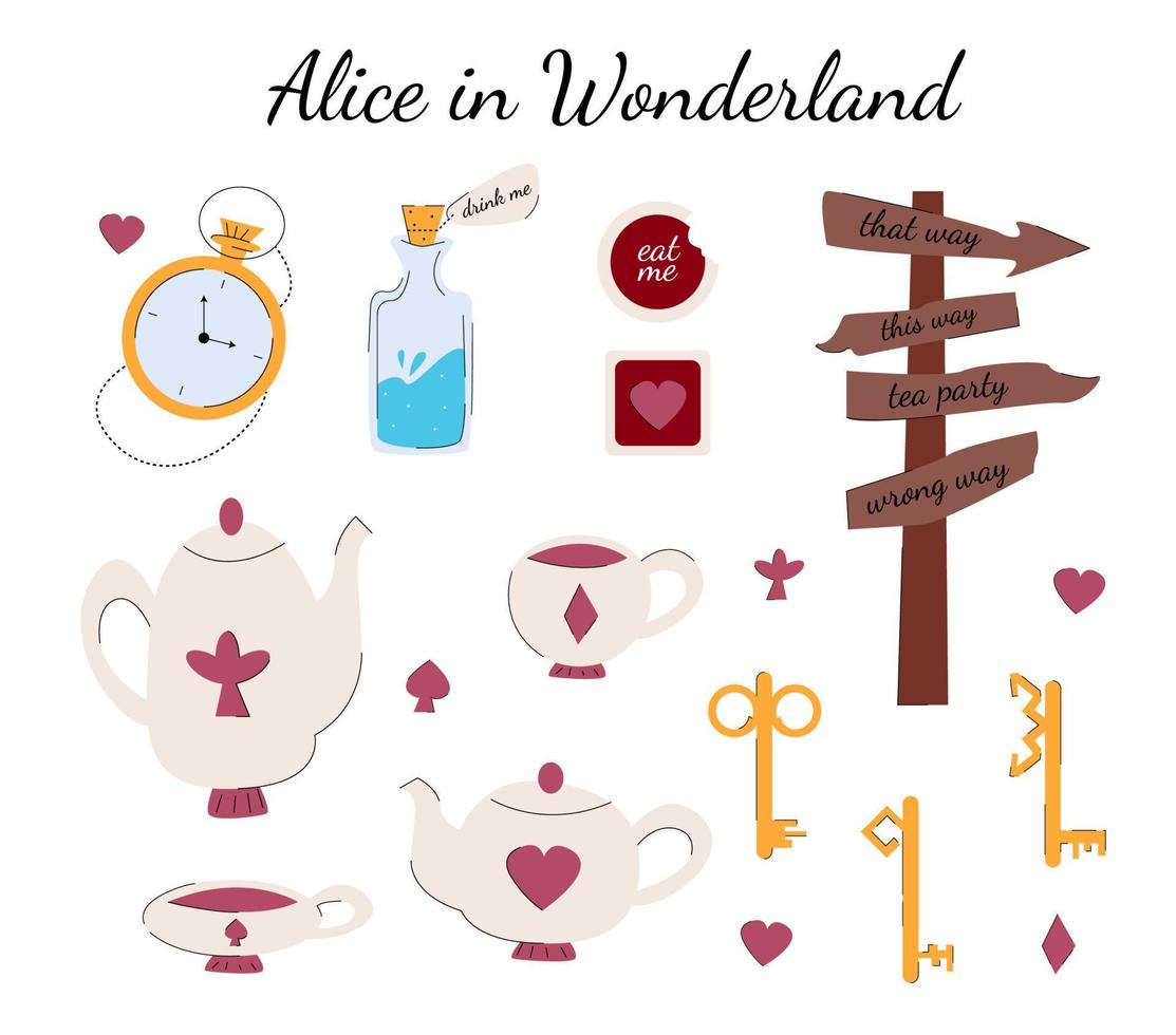 Alice in Wonderland set of items in the hand drawn style vector