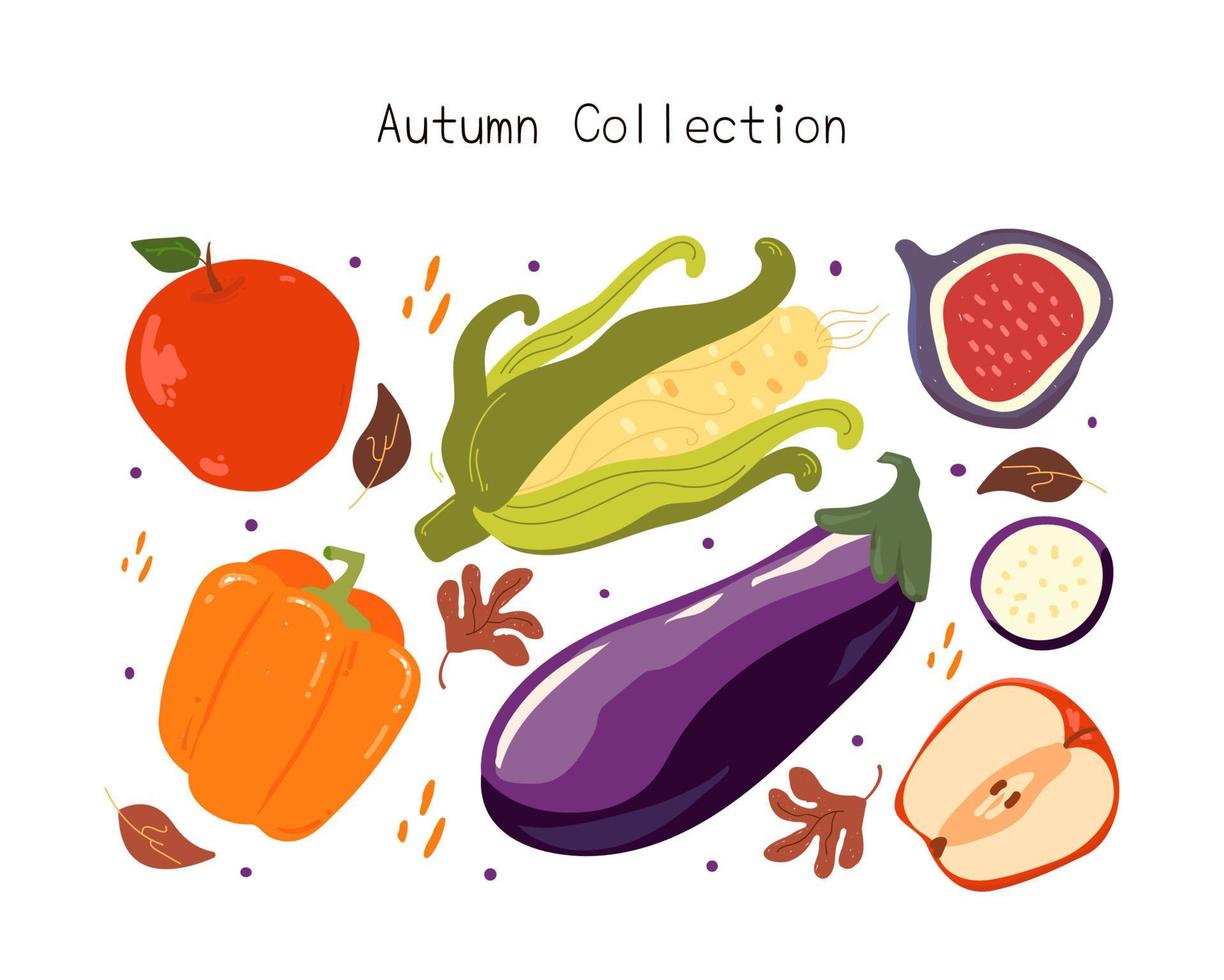 un conjunto de higos de frutas y verduras de otoño dibujados a mano, manzana, pimientos dulces, berenjena y maíz. composición rectangular vector