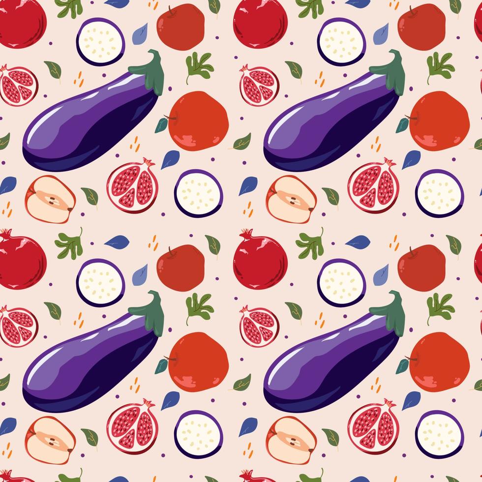 Seamless pattern of autumn fruits and vegetables figs, apples, sweet peppers, eggplant and corn vector