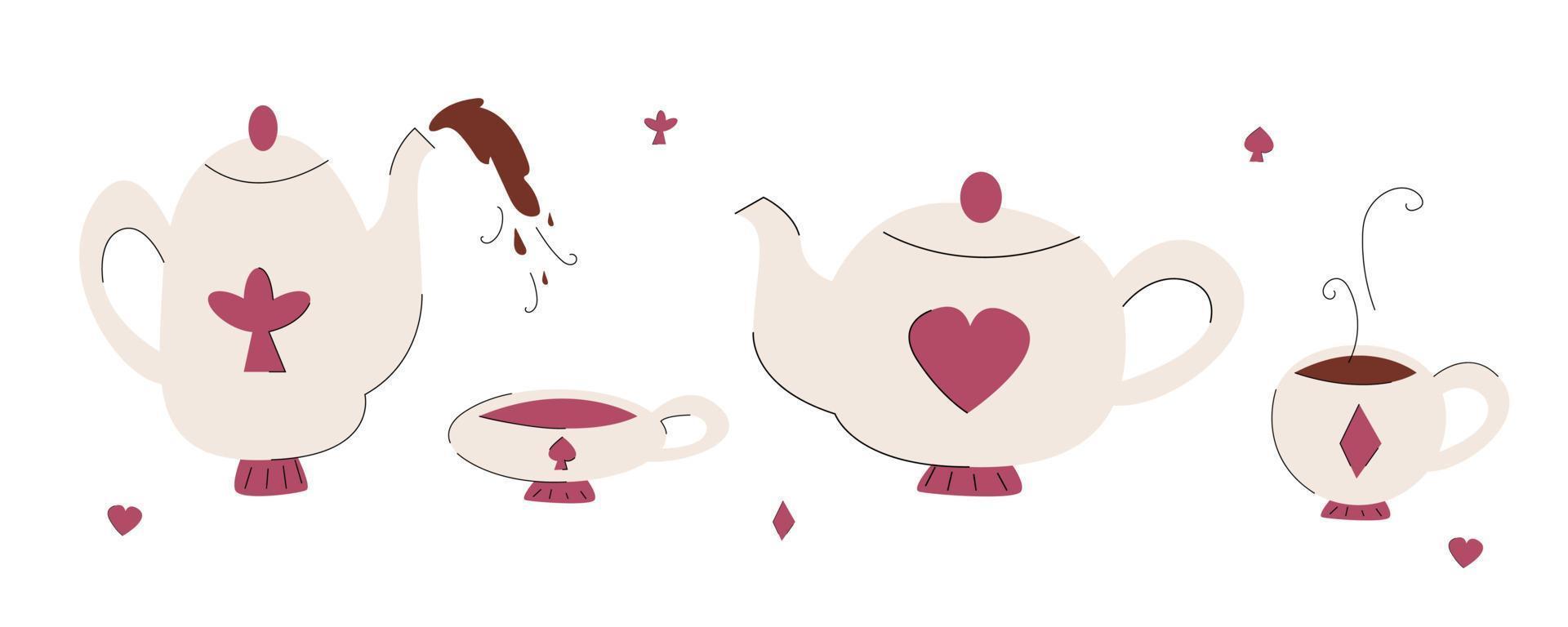 Set of cups and teapots from Alice in Wonderland in a hand drawn style vector
