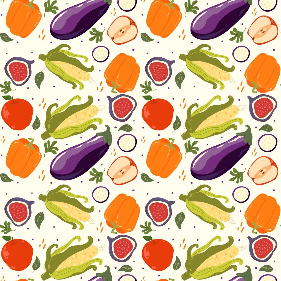 Seamless pattern of autumn fruits and vegetables figs, apples, sweet peppers, eggplant and corn vector