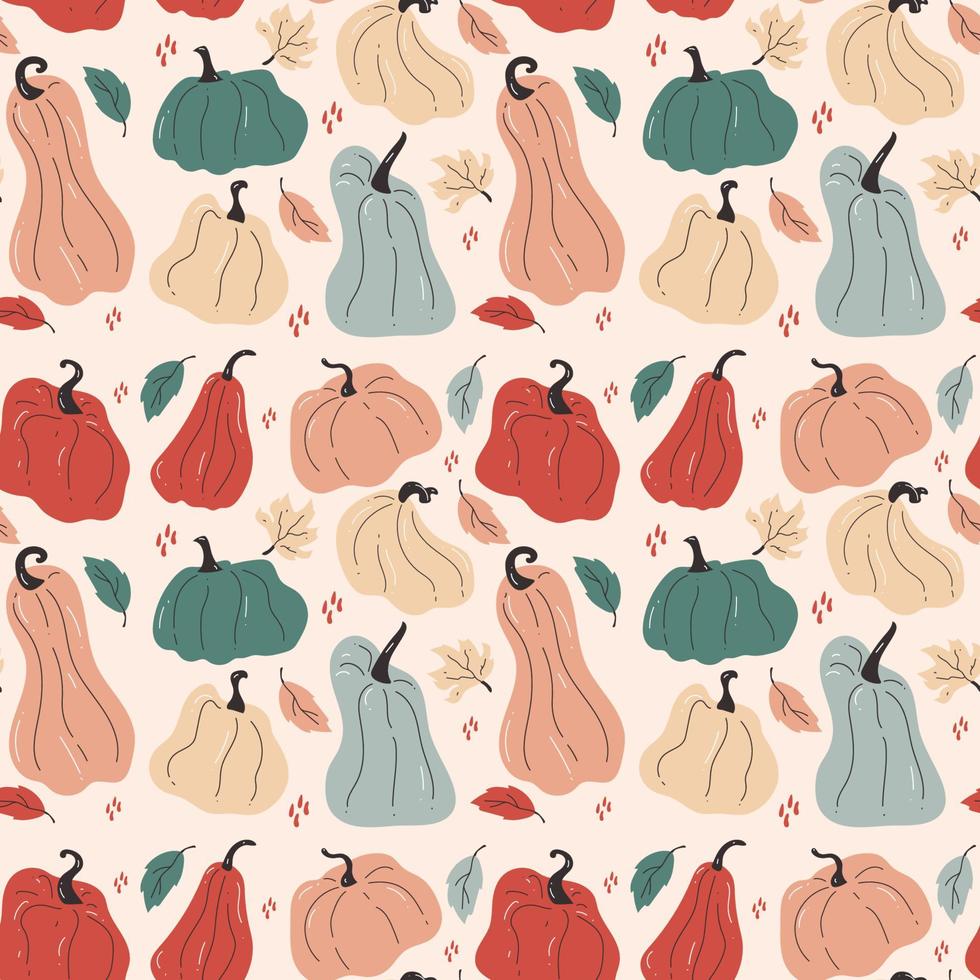 Hand drawn seamless pattern with pumpkins in bright colors with different shapes vector
