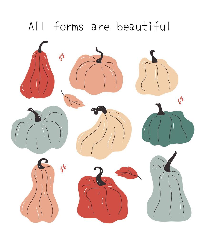 Hand drawn set of pumpkins of different bright and shaped colors with leaves vector