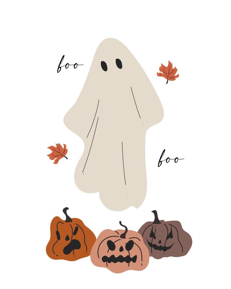 Hand drawn Halloween greeting card with cute ghost and scary pumpkins vector