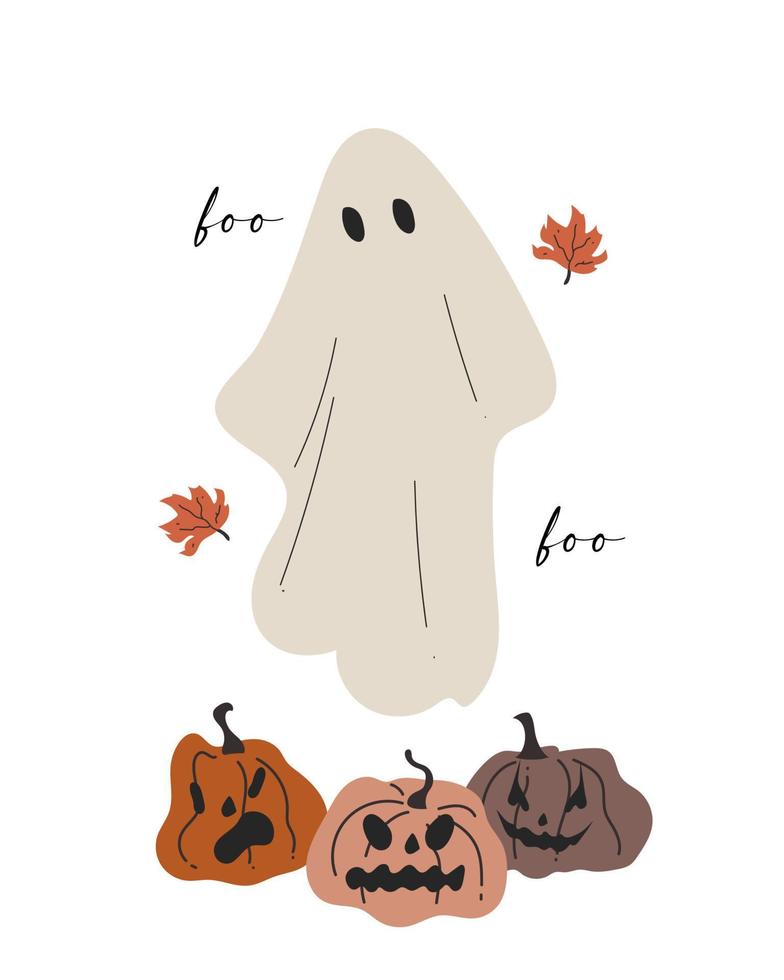 tarjeta de felicitación de halloween dibujada a mano con lindo fantasma y calabazas aterradoras vector