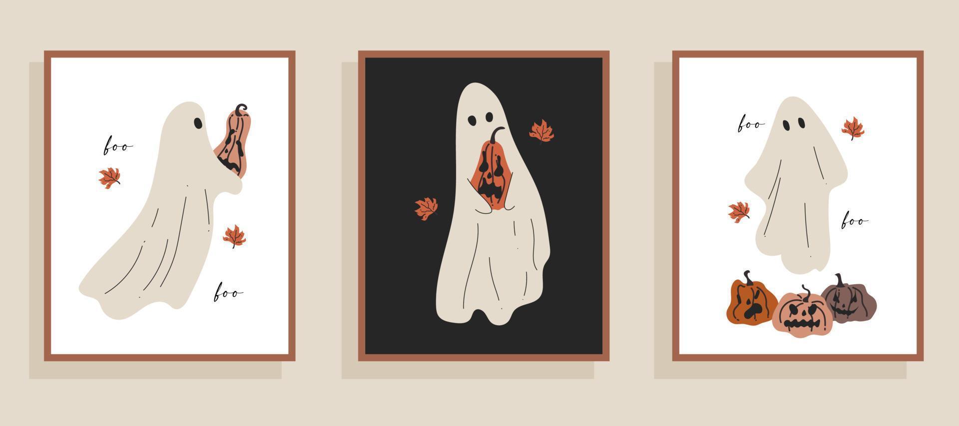 Halloween card design with a cute ghost and scary pumpkins vector