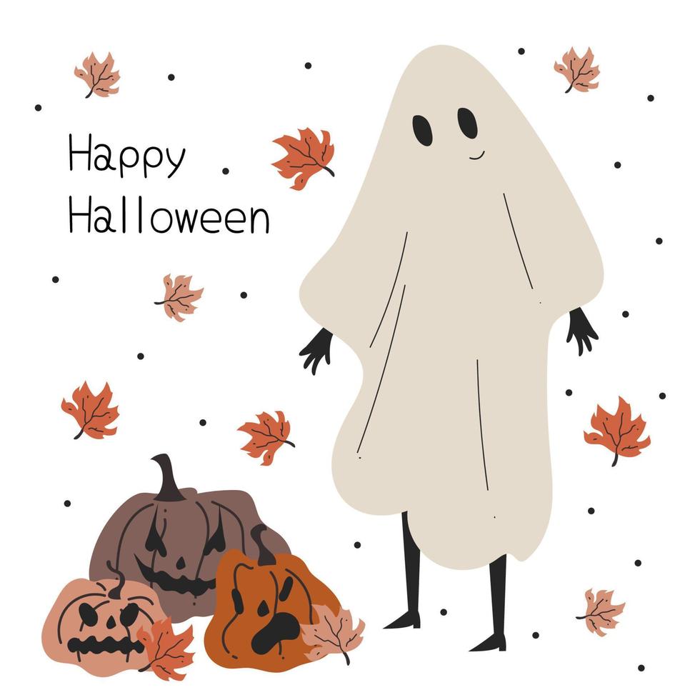 Hand drawn Halloween greeting card with cute ghost and scary pumpkins vector