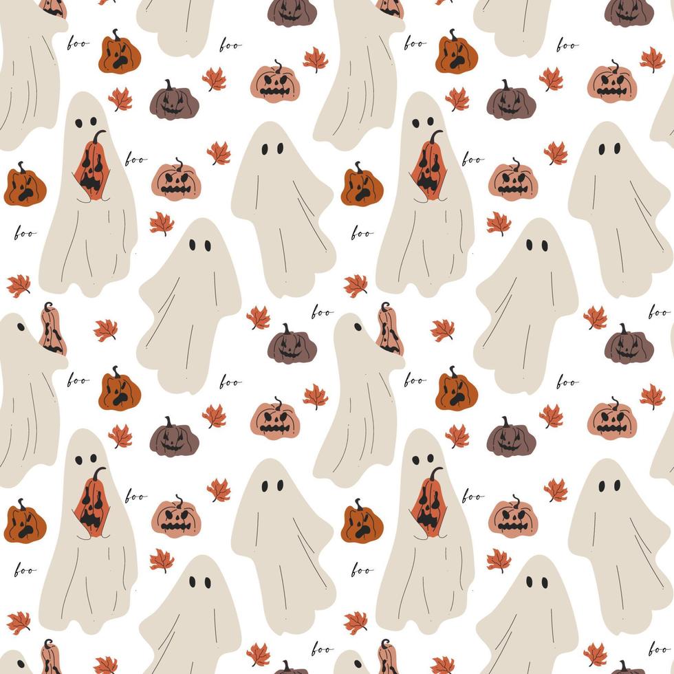 patrón transparente dibujado a mano con caras de miedo y fantasmas para halloween vector