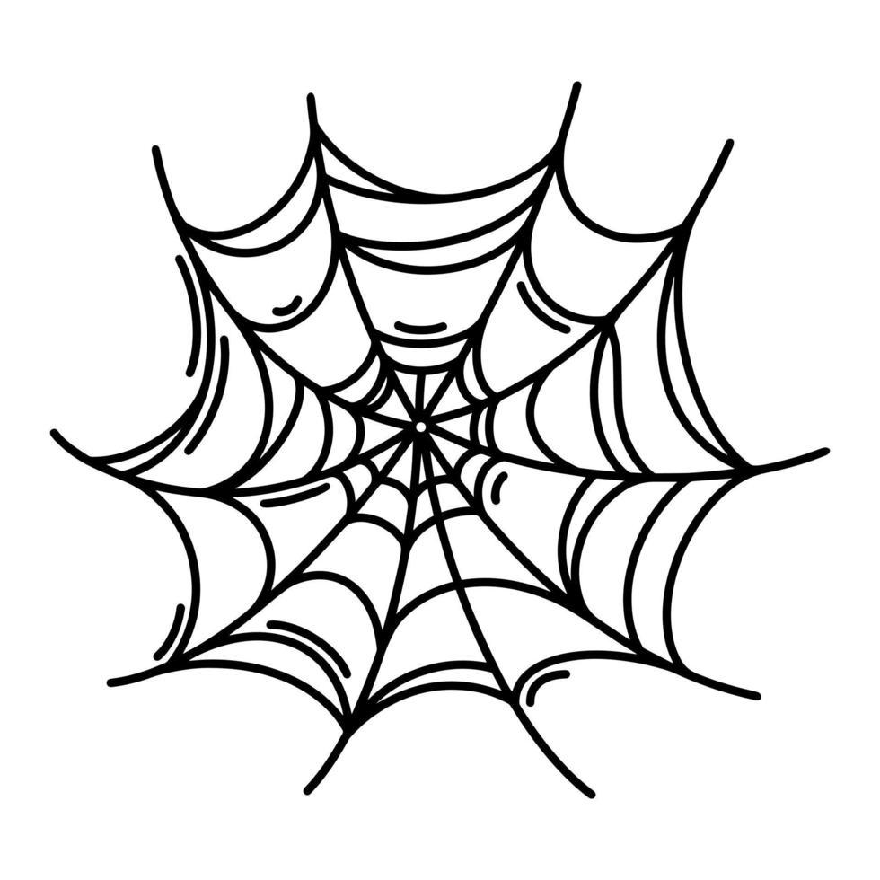 Spider web vector icon. Old, crooked, sticky cobweb. Black outline, simple sketch isolated on white. Gossamer doodle. Illustration for Halloween decor, holiday cards, invitations, logo design, print