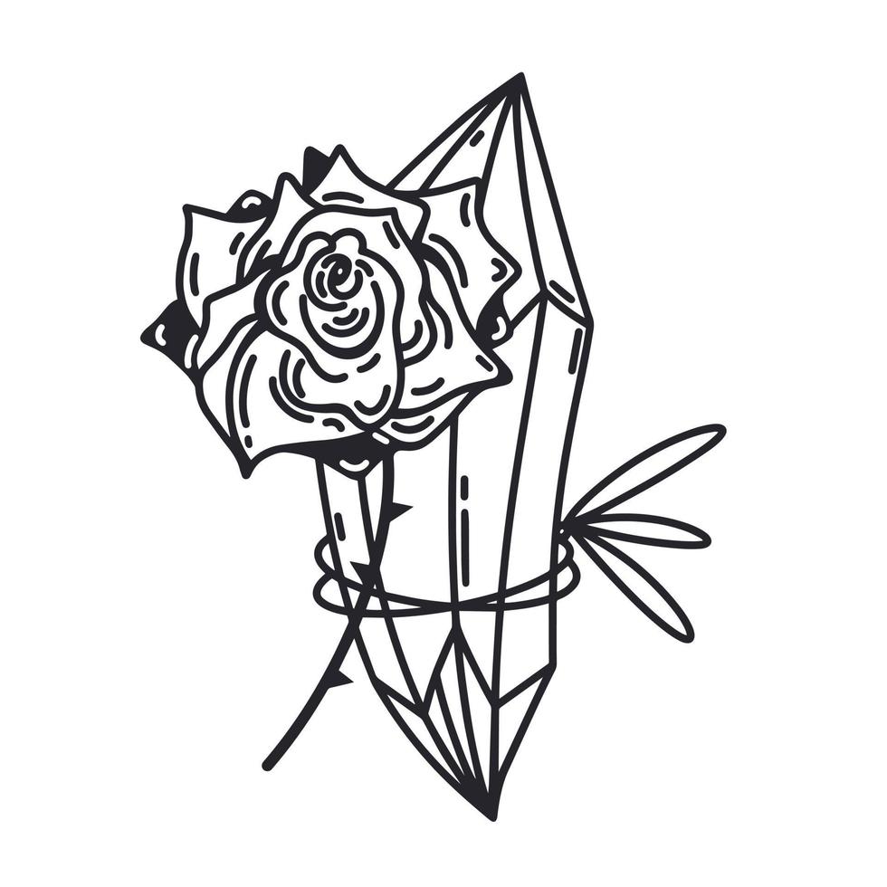 Magic crystal vector icon. Quartz and rose flower tied with a rope. Celestial glass stone isolated on white. Symbol of witchcraft, astrology. Black outline, sketch. Clipart for logo, web, apps,  DIY
