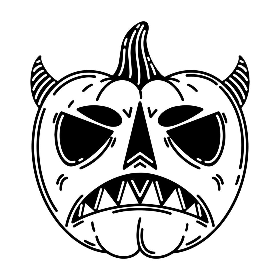 icono de vector de calabaza de Halloween. linterna jack aislado en blanco. cara espeluznante malvada en una calabaza. demonio con cuernos, terrible sonrisa. símbolo de vacaciones de otoño. boceto vegetal aterrador para web, logotipo, aplicaciones