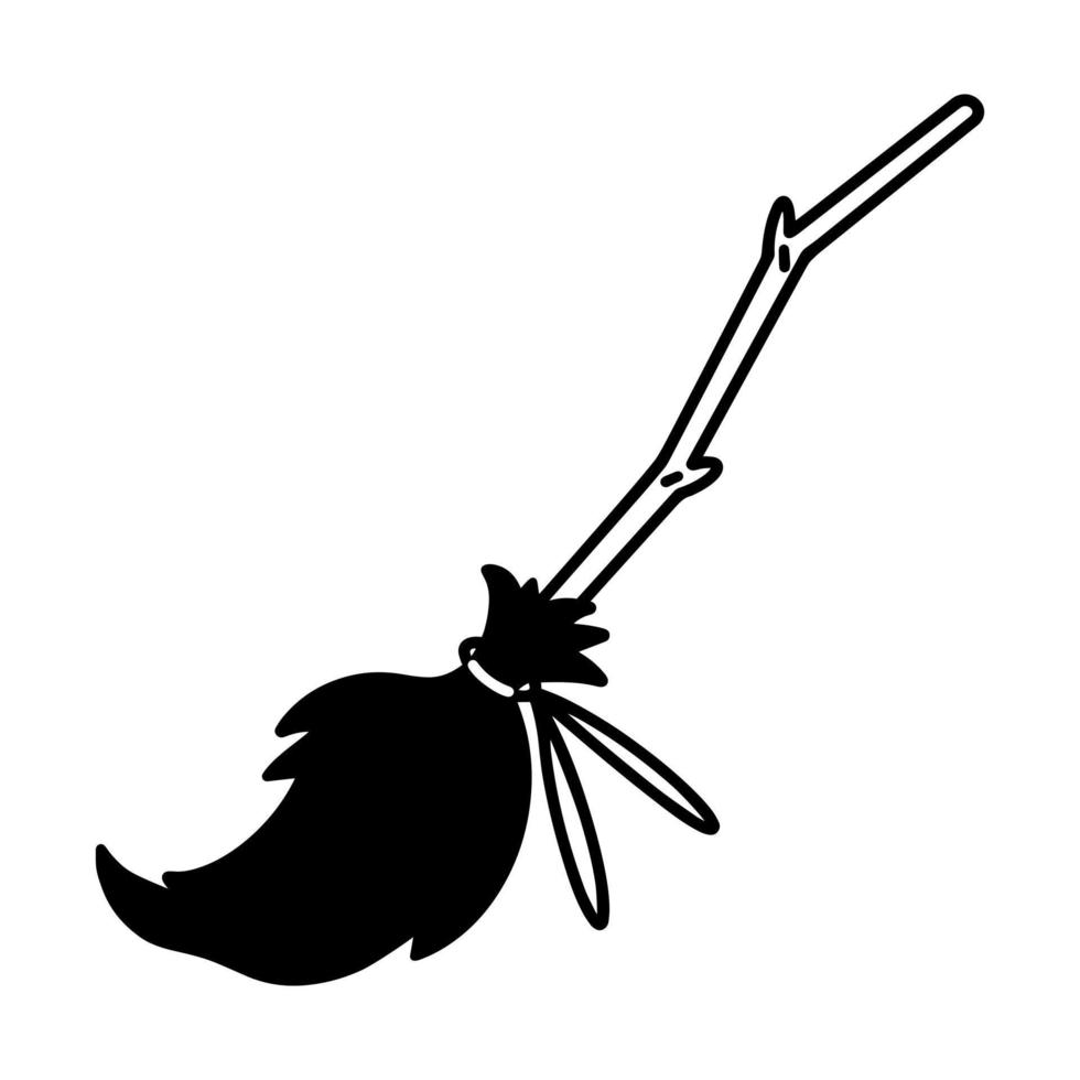 Witch broom vector icon. Wizard magic tool silhouette. Brush for sweeping the floor, cleaning the house. Black outline isolated on white. Monochrome clipart for Halloween decor, logo, web