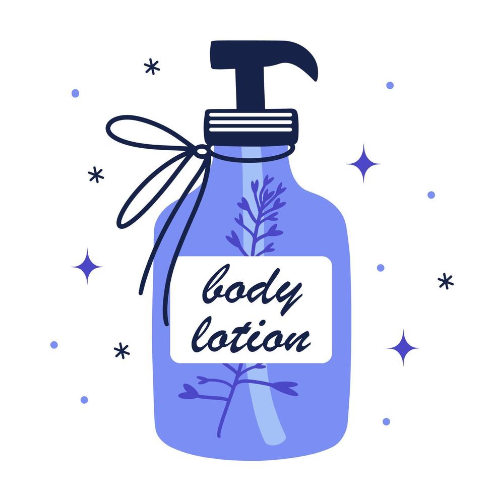 Body lotion vector icon. Plastic bottle with cosmetic product for skin care and cleansing. Natural herbal cream with lavender isolated on white. Flat cartoon clipart for beauty, logo, web, apps