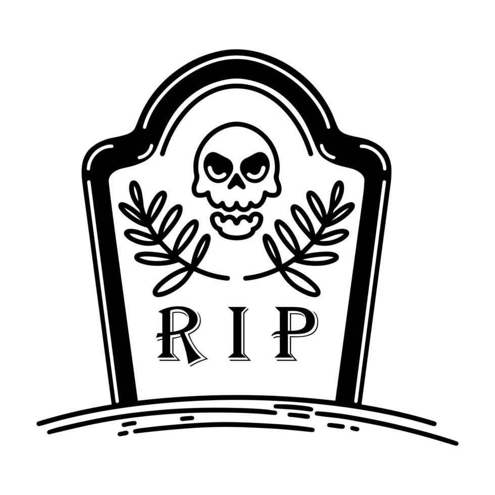 Headstone vector icon. Gothic gravestone with skull, flowers, rip text. Creepy cemetery grave. Black outline, simple sketch isolated on white. Clipart for Halloween decor, logo, apps, print