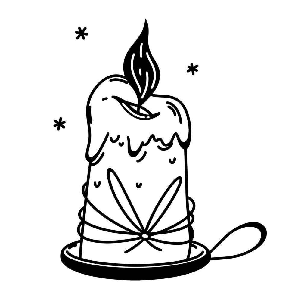 icono de vector de vela de cera ardiente. vela en un candelero, atada con hilo. elemento de brujería, herramienta de iluminación mágica. contorno negro aislado en blanco. ilustración para logotipo, web, decoraciones de halloween