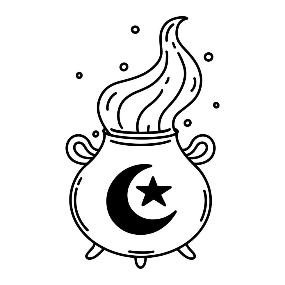 Witch cauldron vector icon. Boiler with handles, decorated with magic symbols - crescent, star. Black outline, simple doodle isolated on white. Potion with steam, bubbles. Sketch for web, logo, apps