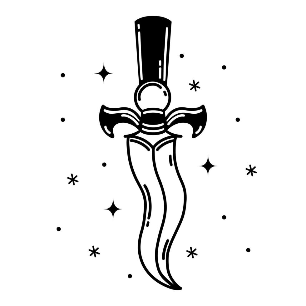 Ritual dagger vector icon. Shining occult knife with a sharp blade, black handle. Vintage stiletto, magical witch sword. Outline isolated on white. Weapon sketch. Clipart for logo, web, apps, tattoo