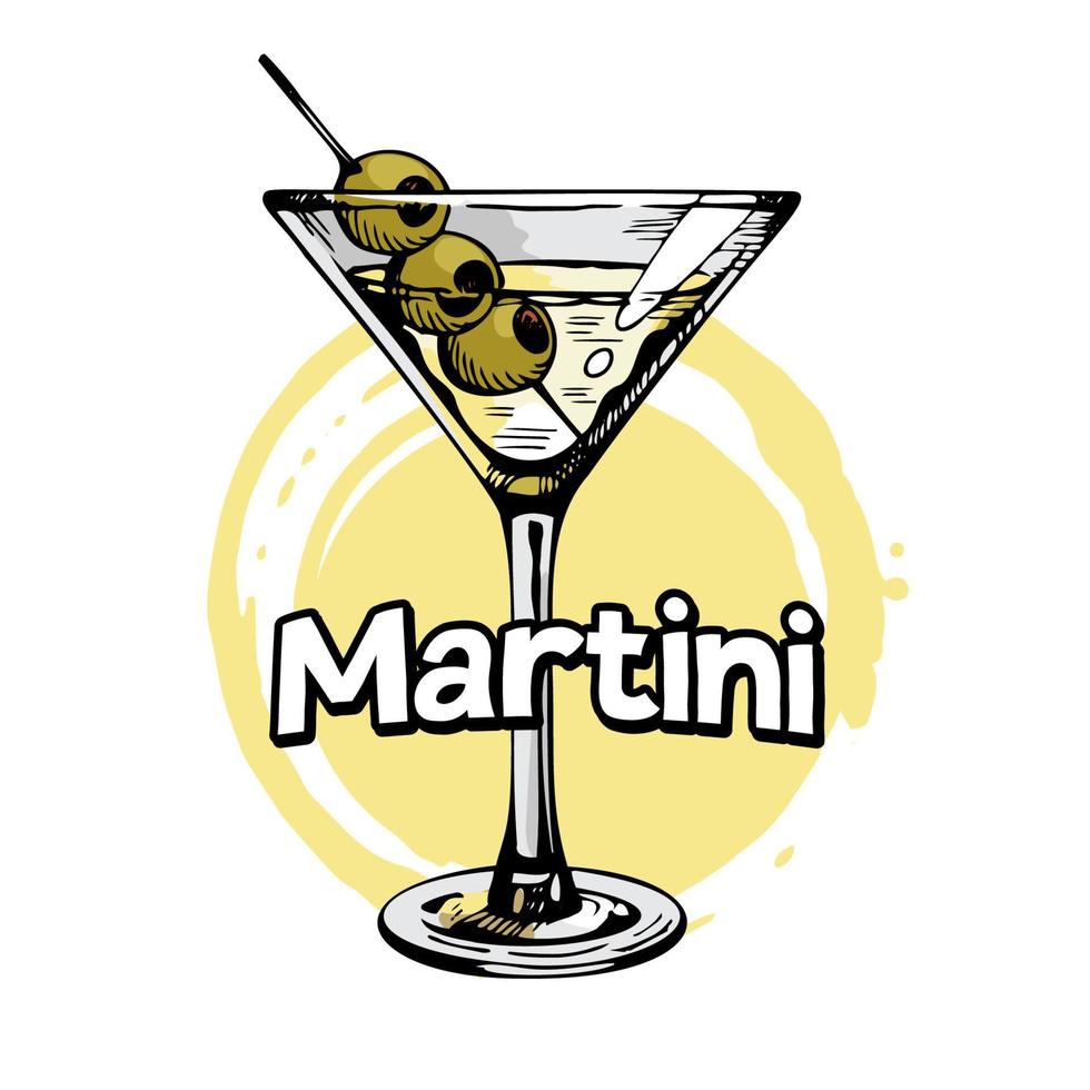 copa de martini con aceitunas. cóctel de alcohol dibujado a mano, ilustración vectorial vector