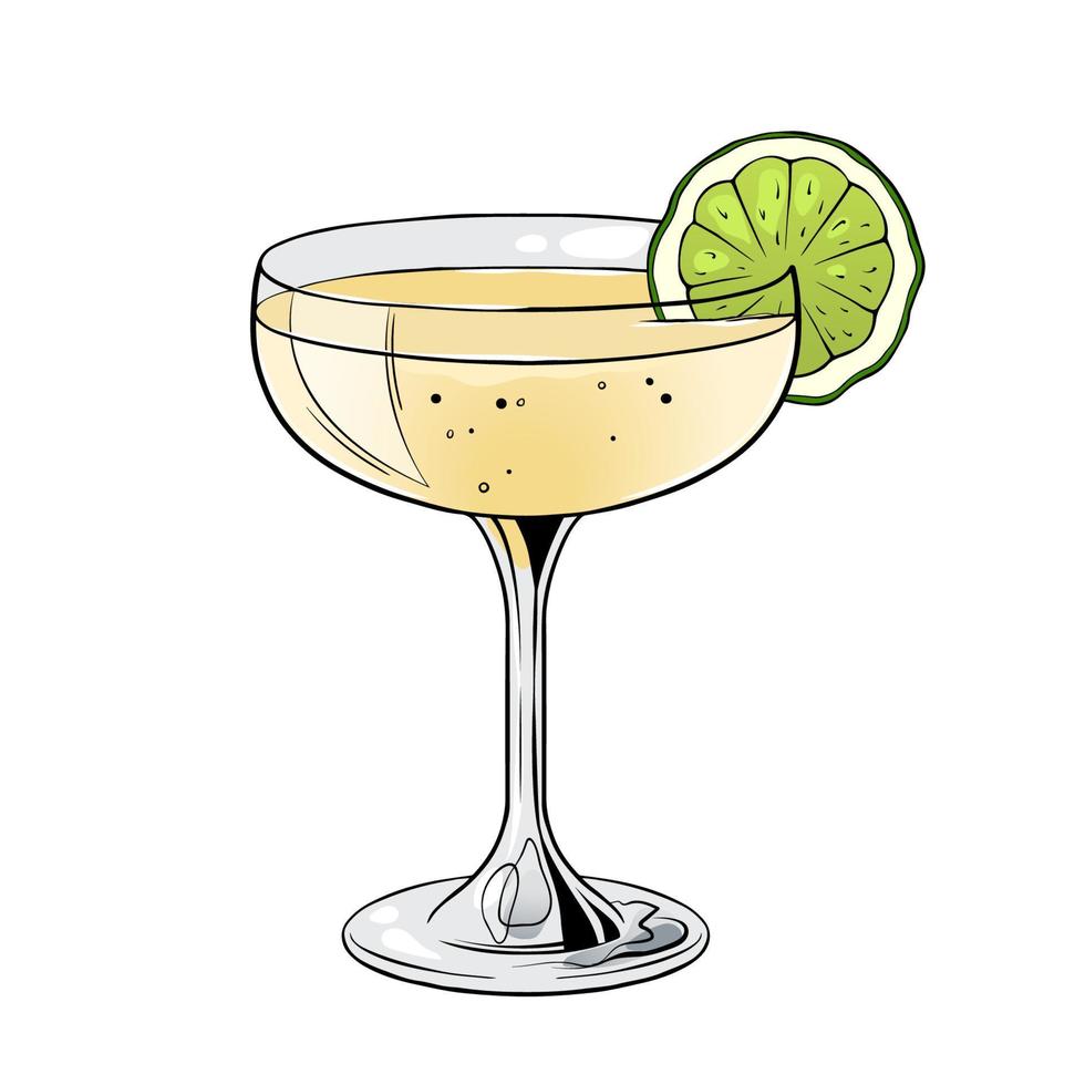 Cóctel daiquiri, bebida alcohólica dibujada a mano con rodaja de limón. Ilustración vectorial sobre fondo blanco vector