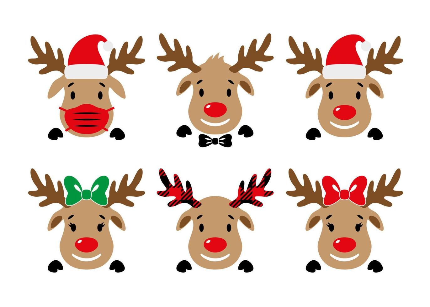 Cute red-nosed reindeer with face mask, Santa hat, bow. Deer face. Vector illustration