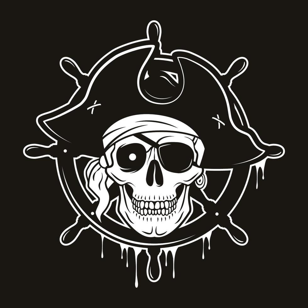 emblema pirata con volante y calavera en un sombrero y parche en el ojo. ilustración de dibujos animados dibujados a mano de vector aislado sobre fondo negro