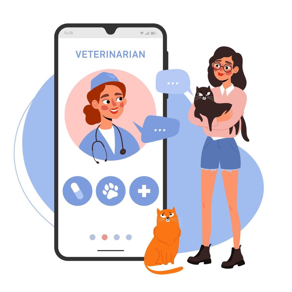 Online veterinary consultation concept. Female owner with a cat at the veterinarian's appointment in a mobile application. Cartoon vector illustration