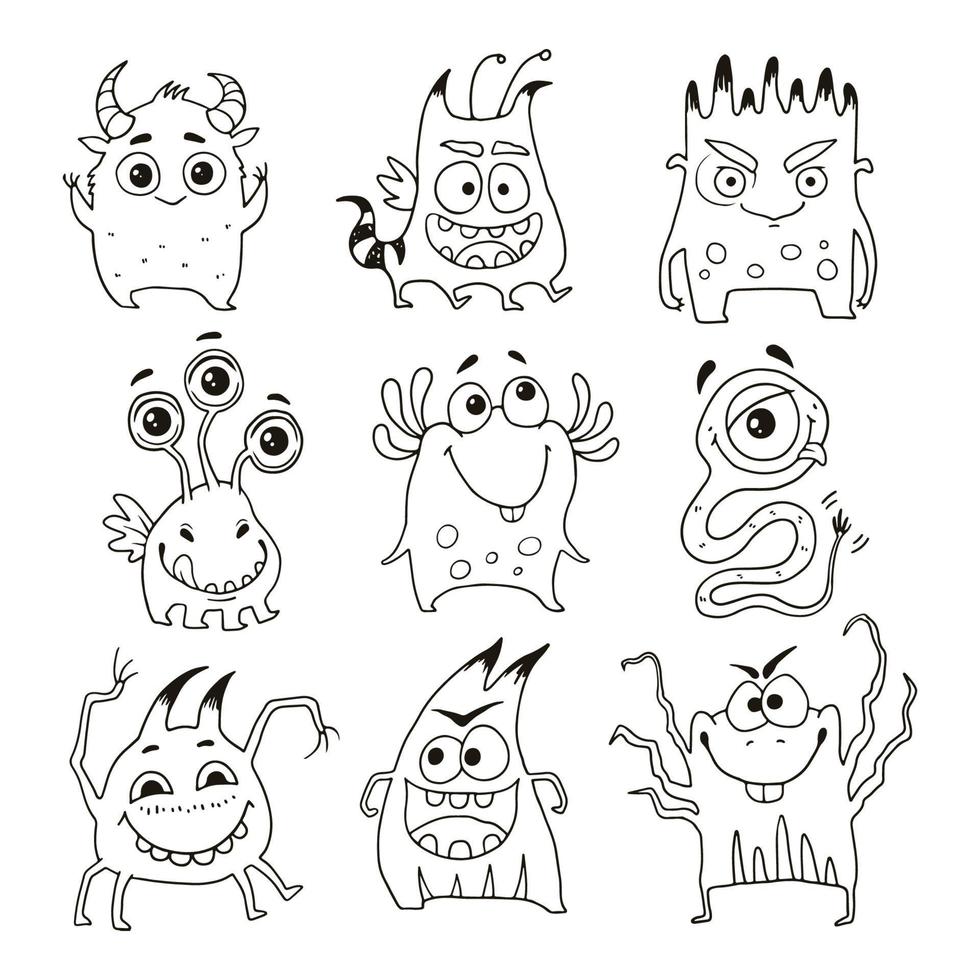 Vector set of cute cartoon monsters. Funny characters in doodle style