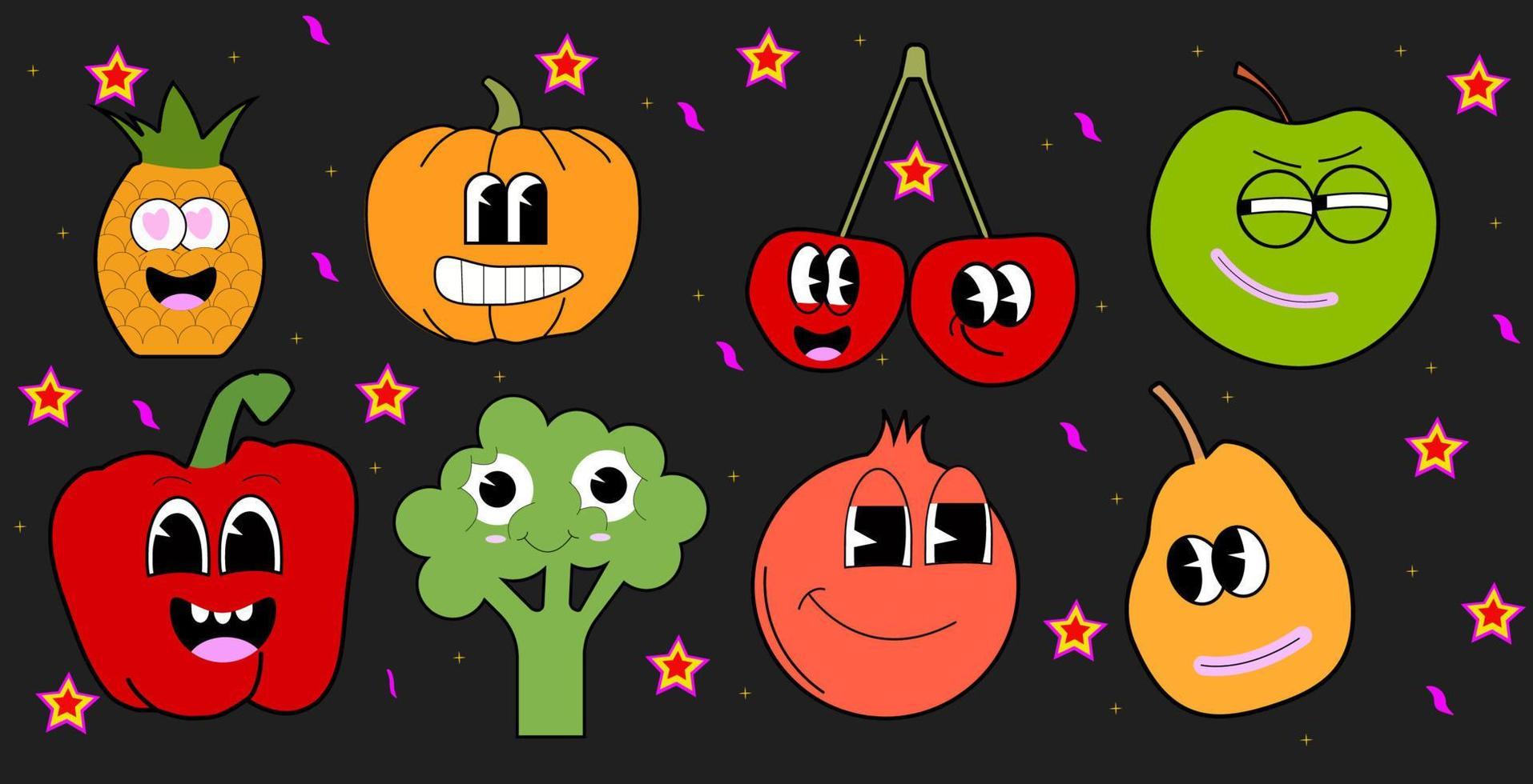 un conjunto de pegatinas con divertidos personajes de dibujos animados de verduras y frutas. vector