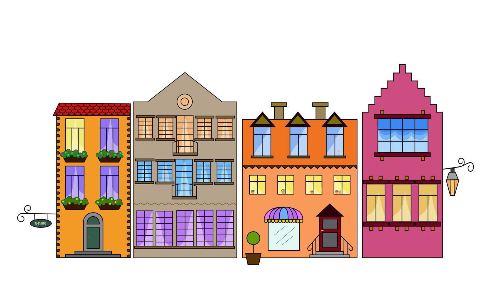 set of old houses in cartoon style vector