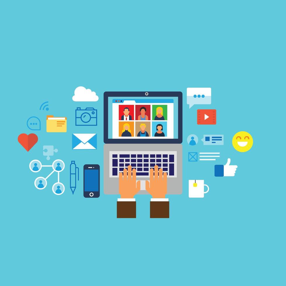 design illustration about social media complete with laptop and its icons vector