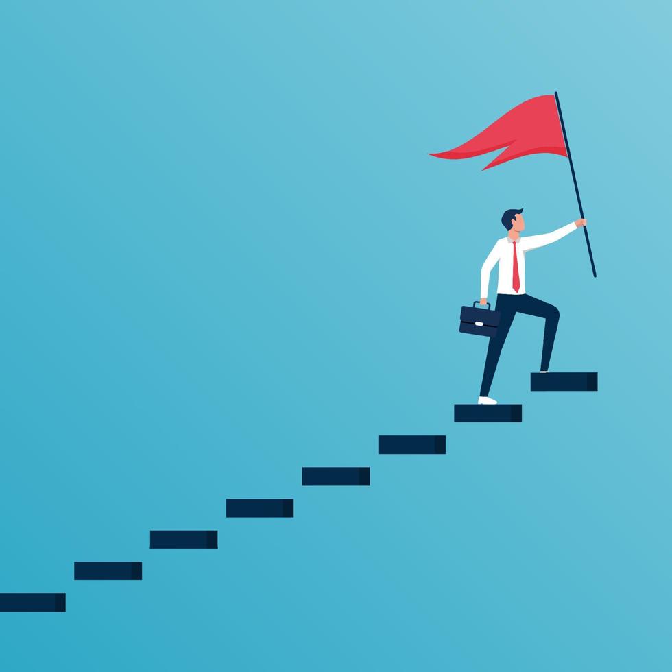 Successful businessman hold red flag on the top of ladder. Success achievement and development, Personal growth and overcome challenge vector