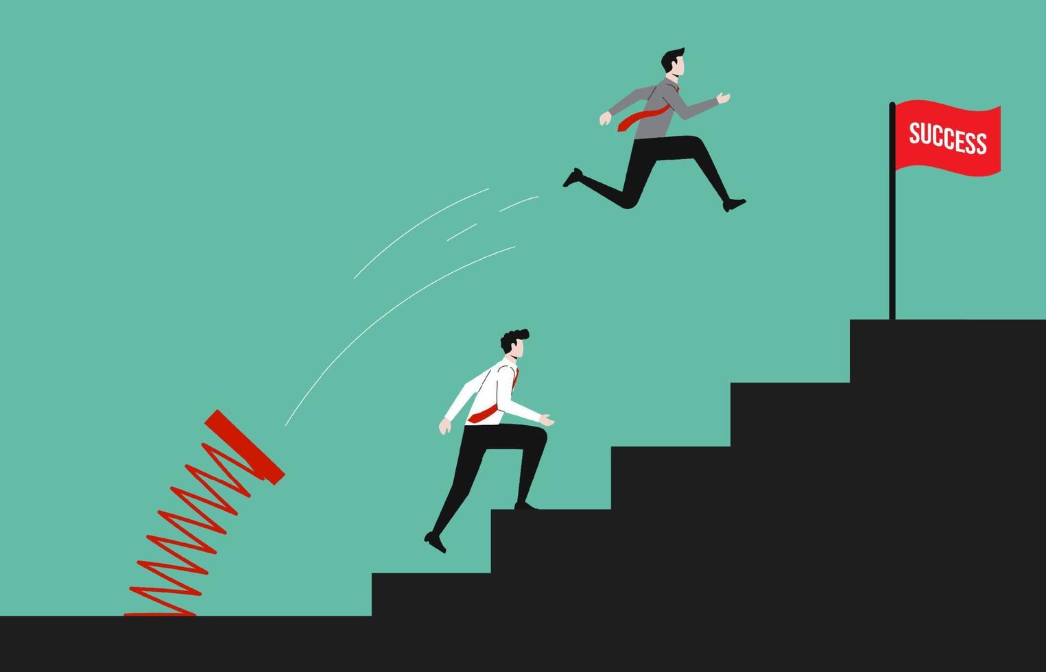 A Businessman uses spring to jump over the stair to the top while another businessman climbs step by step.  career boost and promotion symbol vector