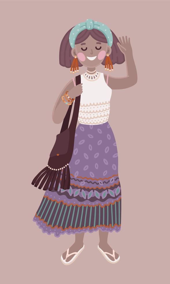 boho outfit niña en falda morada vector