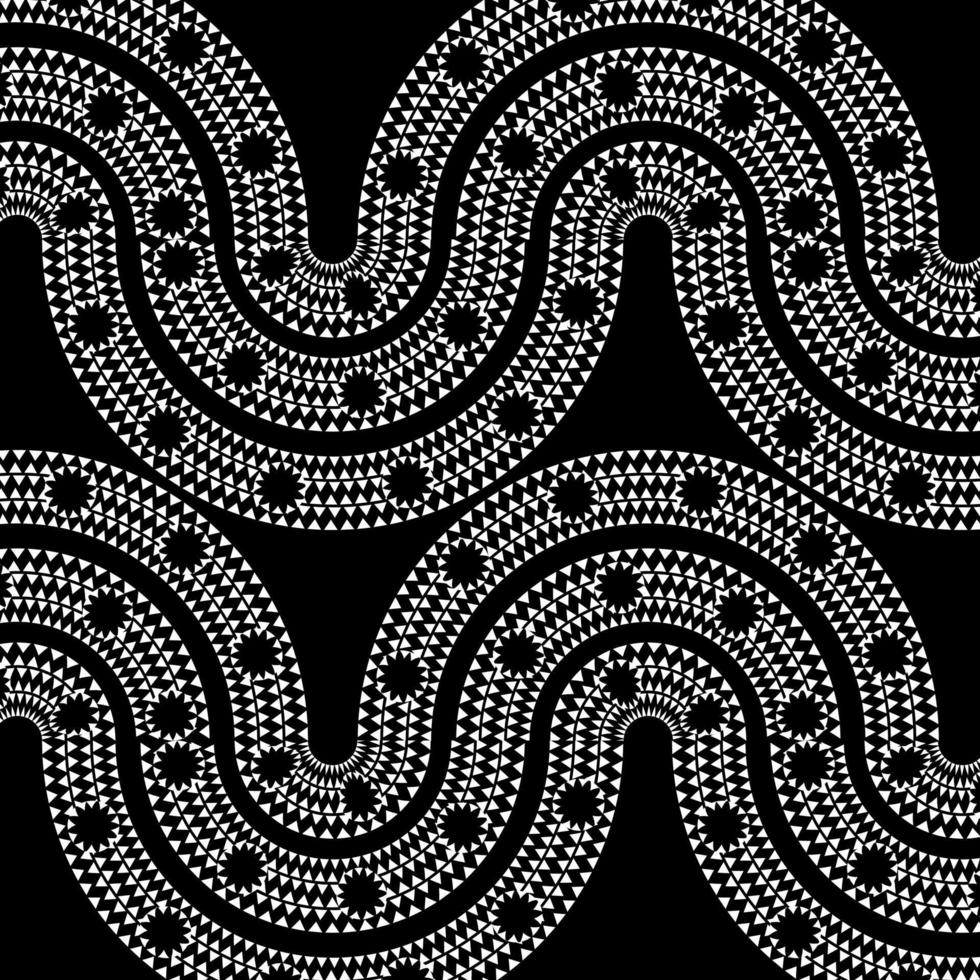 Ethnic Boho pattern, triangles, and circles in African style on black background with dynamic waves,  Tribal art for print, Wall frames, textile, wrapping papers, mobile covers vector