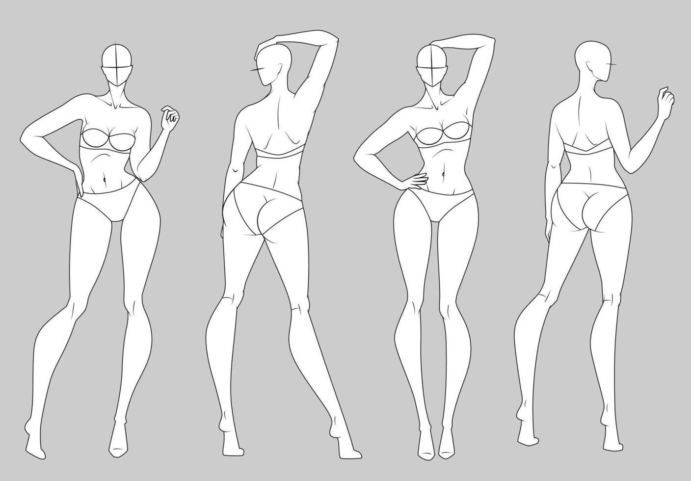 Fashion figure ten heads design template croquis vector