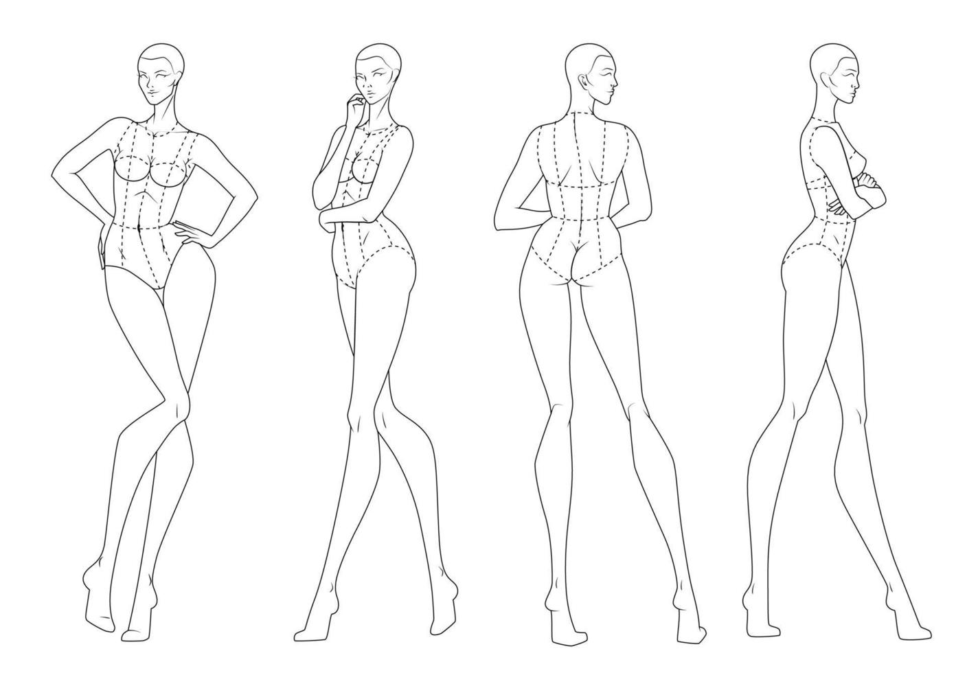 figura de moda diez cabezas plantilla de diseño croquis con corpiño vector