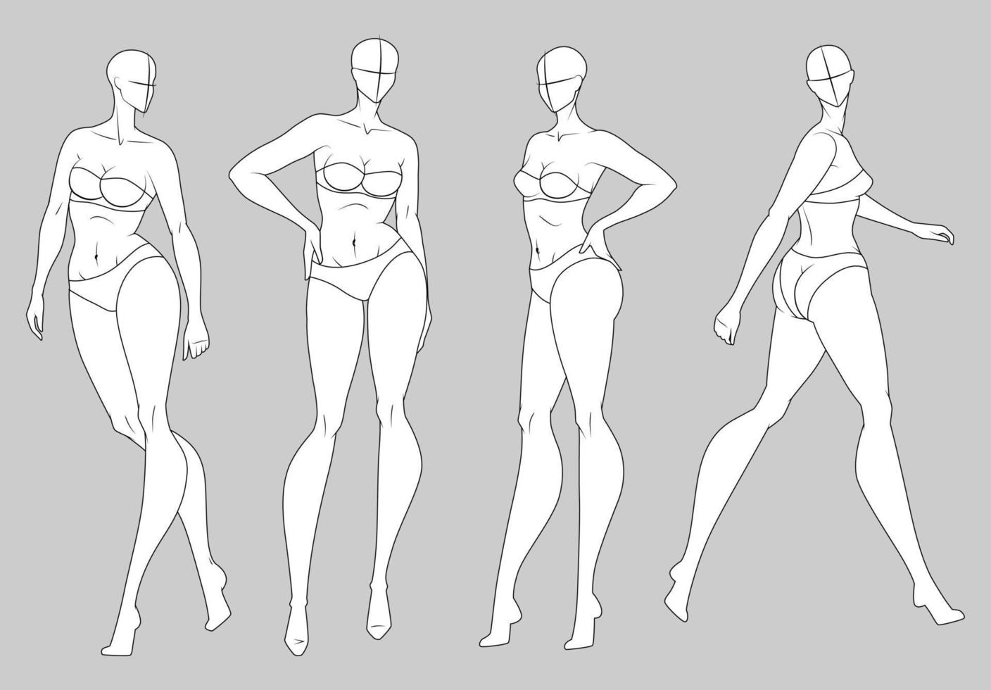 Fashion figure ten heads design template croquis wearing swimsuit vector