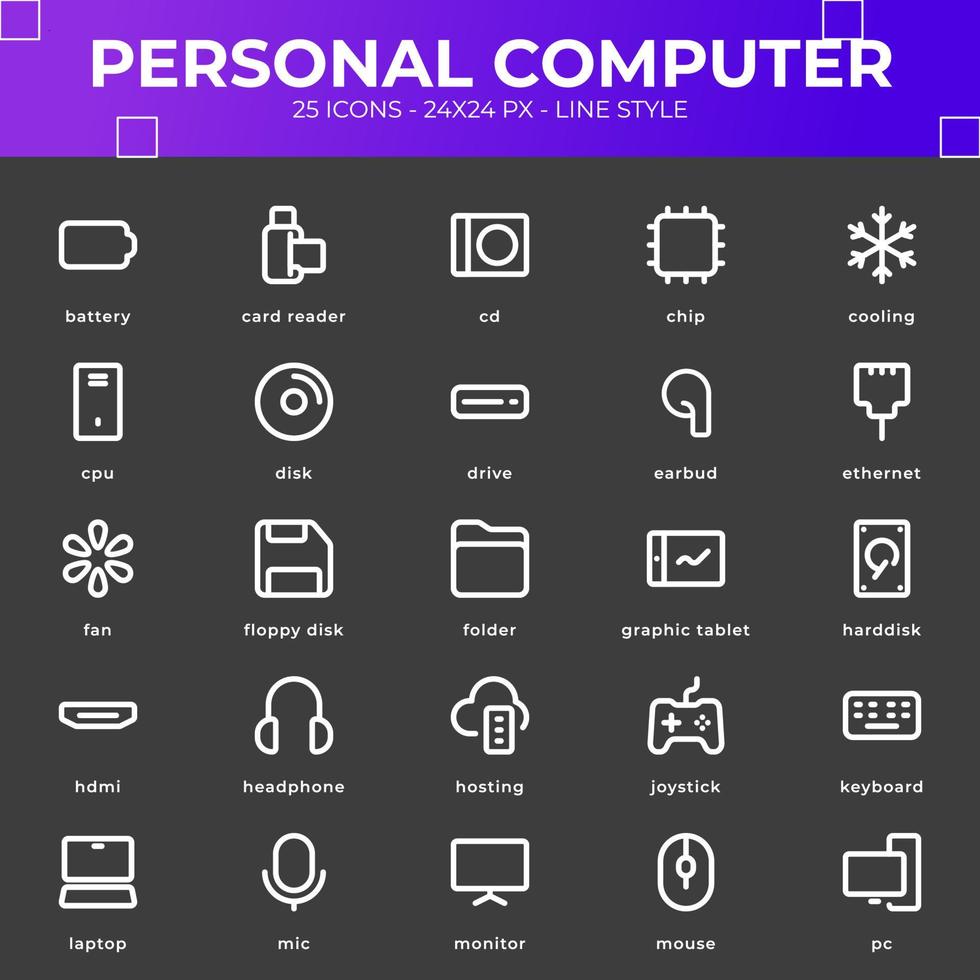 paquete de iconos de computadora personal con color negro vector
