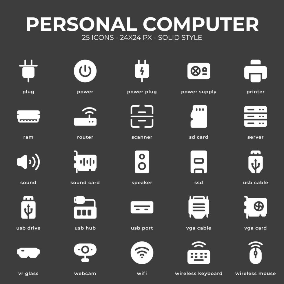 paquete de iconos de computadora personal con color negro vector