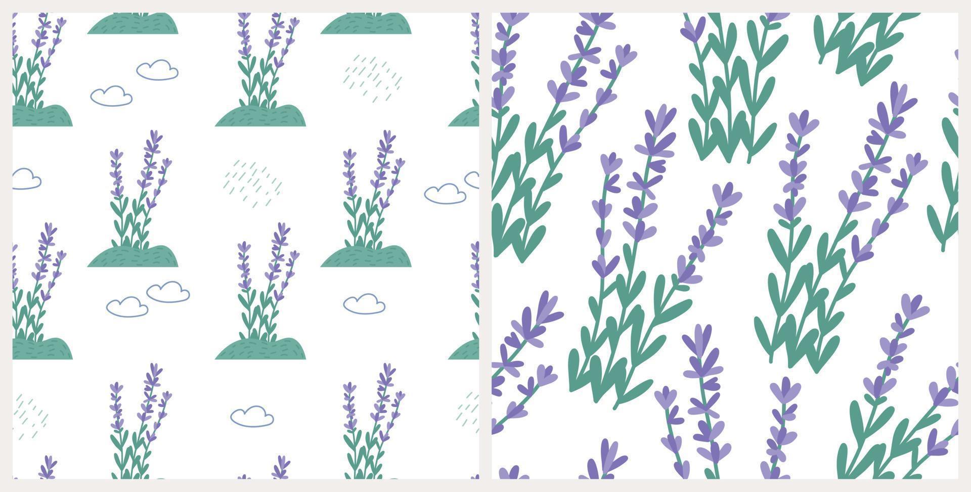 conjunto de patrones sin fisuras de campo de lavanda, ilustración vectorial plana. fondo floral con nubes y lluvia. ideal para envolver papel o estampado textil. vector