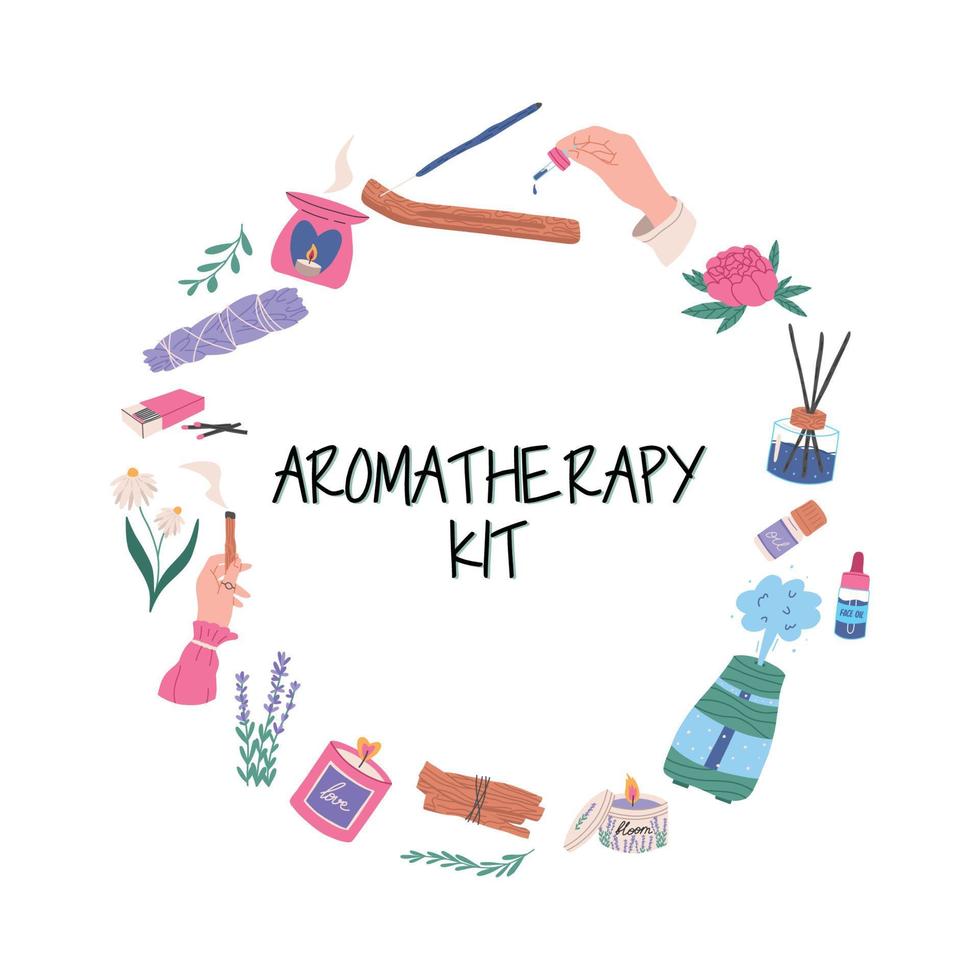 kit de aromaterapia, velas y elementos de relajación spa, ilustración vectorial plana aislada en blanco. difusor de aroma, humidificador de aire, hierba de salvia y árbol santo de palo santo. medicina alternativa. vector