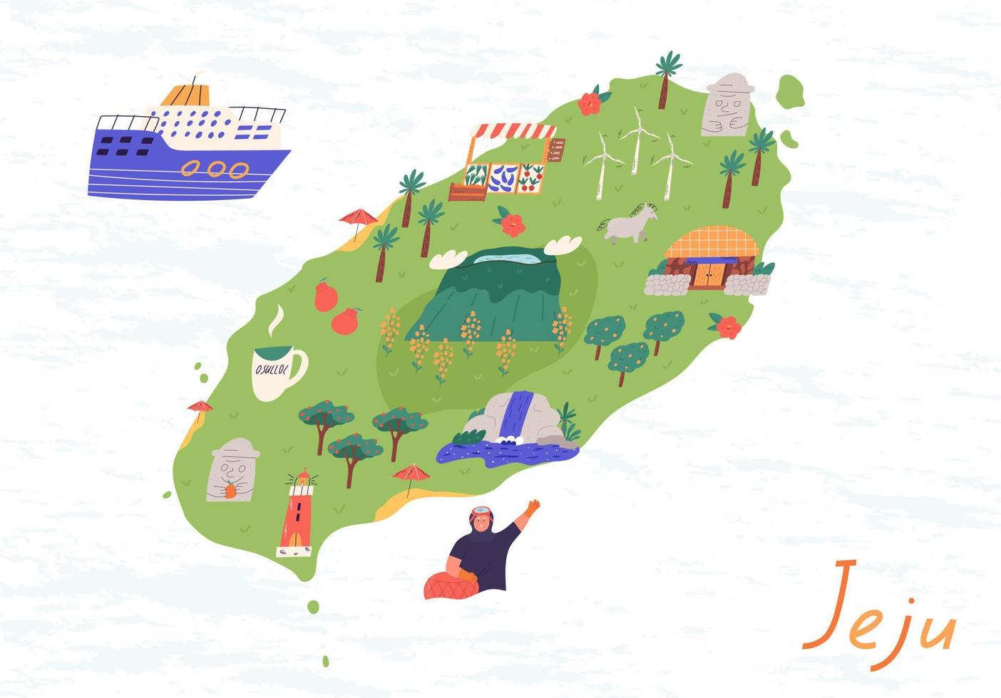 mapa de la isla coreana de jeju con puntos de referencia y elementos lindos, ilustración vectorial plana de dibujos animados. mujer haenyeo ondeando, montaña hallasan, dol hareubang, faro y museo del té osulloc. vector