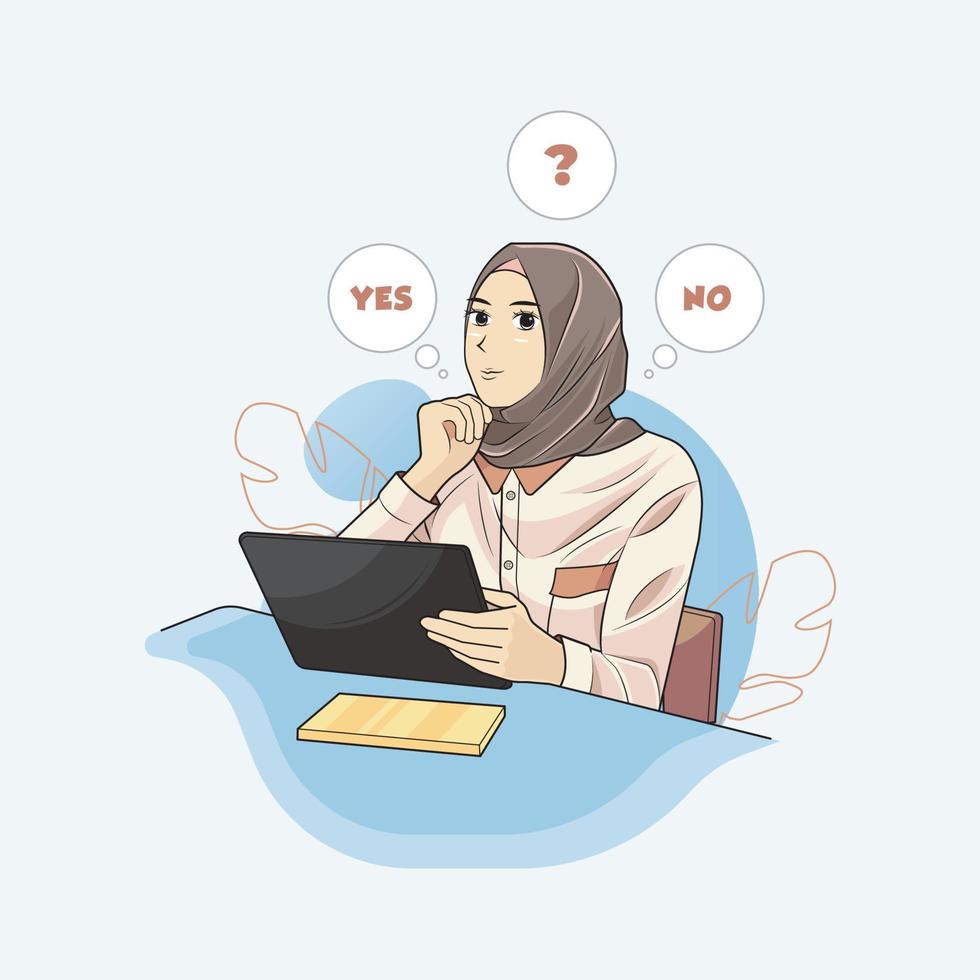 Young Muslim woman in hijab is thinking vector illustration free download