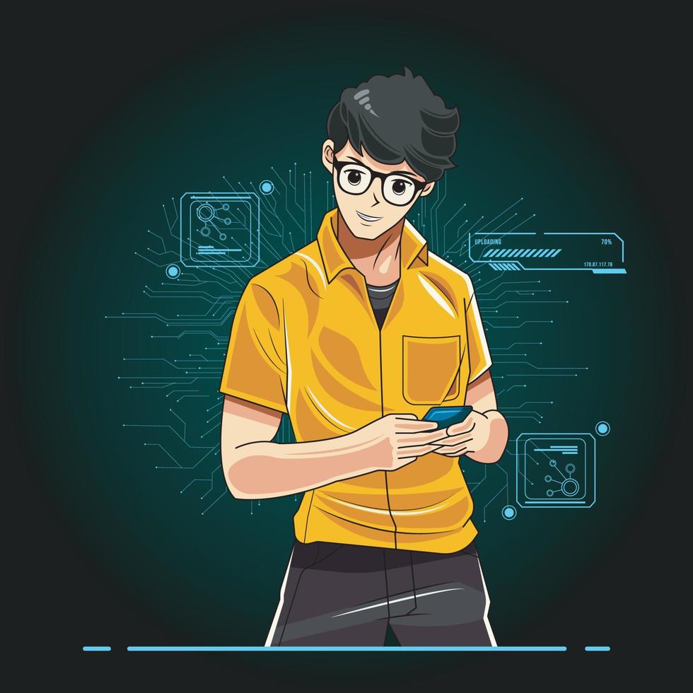 Artificial intelligence digital technology concept. young boy using his gadget uploading file vector illustration free download