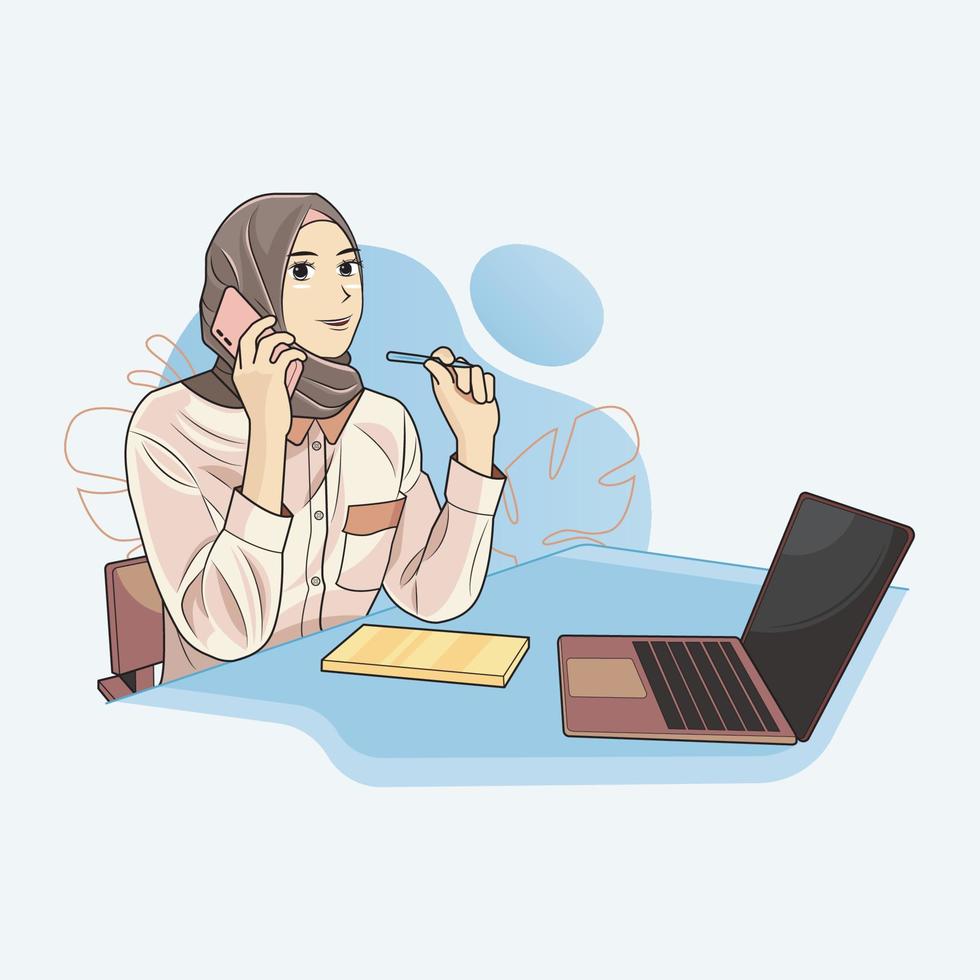 Young Muslim woman in hijab calling client vector illustration free download