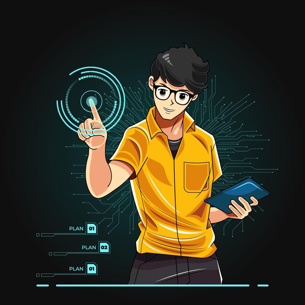 Artificial intelligence digital technology concept. young boy showing finger on transparent screen vector illustration pro download