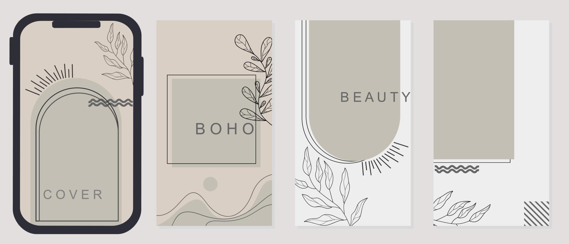 conjunto de plantillas de historias de redes sociales. fondo bohemio gris. hermoso diseño estetico vector