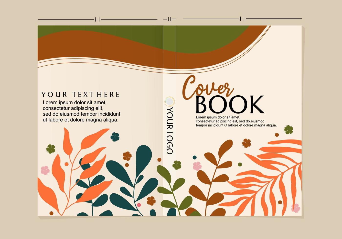plantilla de portada de libro de tema natural. diseño con elementos dibujados a mano de hojas y flores vector