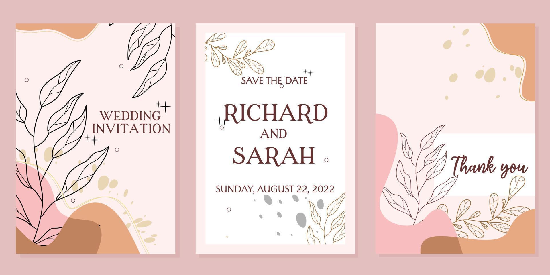 aesthetic boho themed wedding invitation design set. pink background with hand drawn leaf elements vector