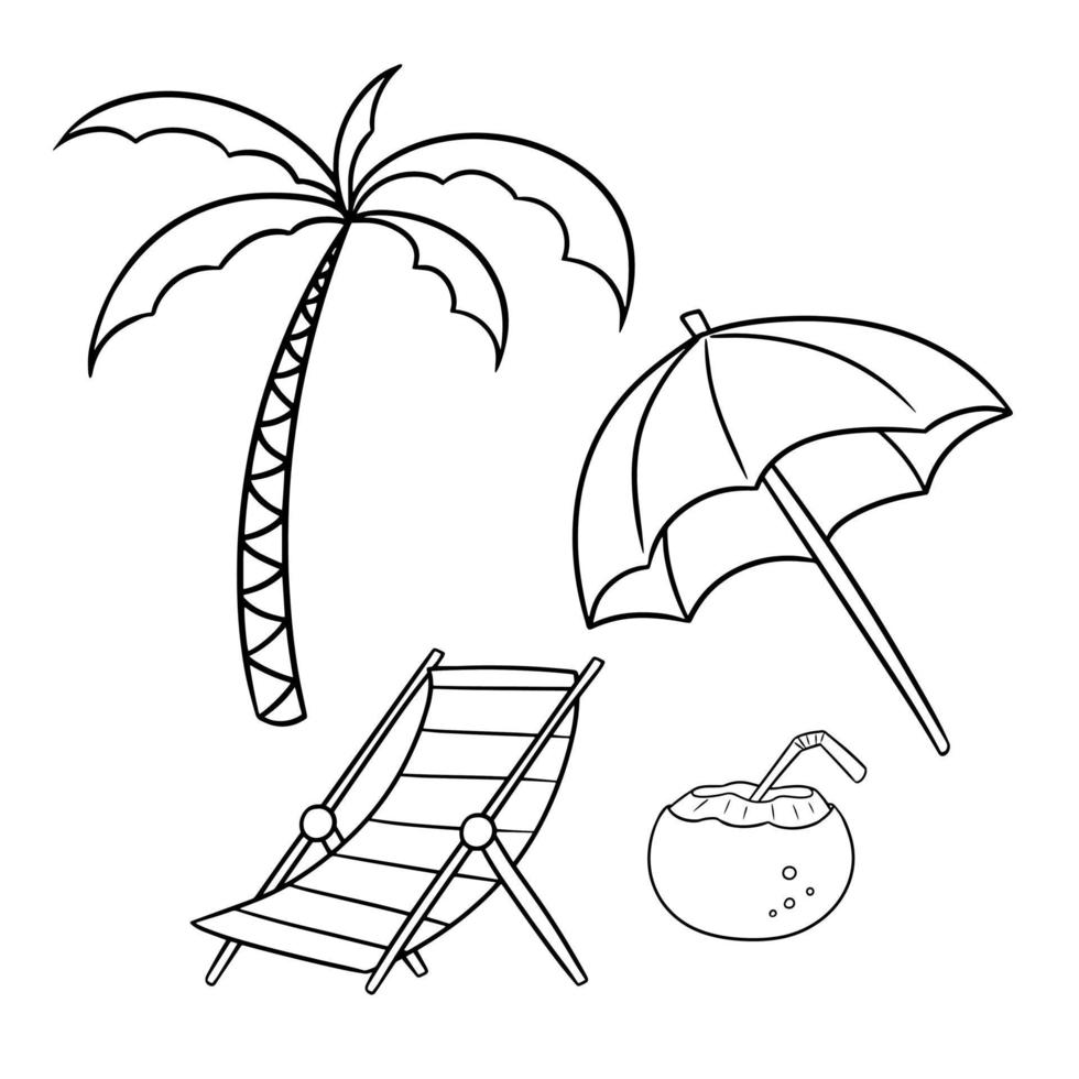 Monochrome set of pictures, A set of pictures for relaxing on the beach, vector illustration in cartoon style on a white background